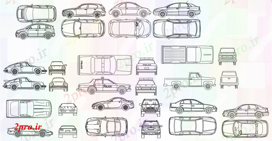 دانلود نقشه بلوک وسایل نقلیه جزئیات  طراحی های اتومبیل نما (کد100017)