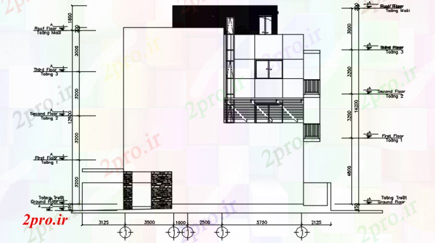 دانلود نقشه مسکونی  ، ویلایی ، آپارتمان   نما مقابل یک خانه مسکونی چند طبقه (کد100134)