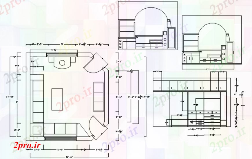 دانلود نقشه اتاق نشیمن ، حال ، پذیرایی اتاق نشیمن طراحی، طرحی مبلمان و نجاری جزئیات 4 در 5 متر (کد100198)