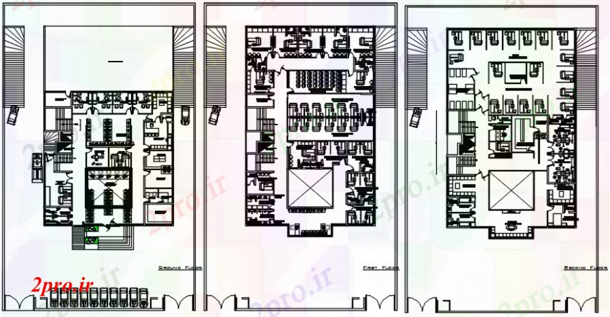 دانلود نقشه بیمارستان - درمانگاه - کلینیک زمین، اول و پلان طبقه دوم جزئیات بیمارستان طراحی جزئیات 19 در 30 متر (کد100245)
