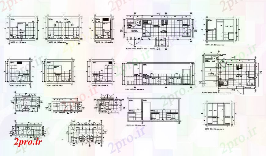 دانلود نقشه حمام مستر حمام های متعدد برنامه ریزی و نصب و راه اندازی و آشپزخانه طرحی جزئیات 1 در 2 متر (کد100384)