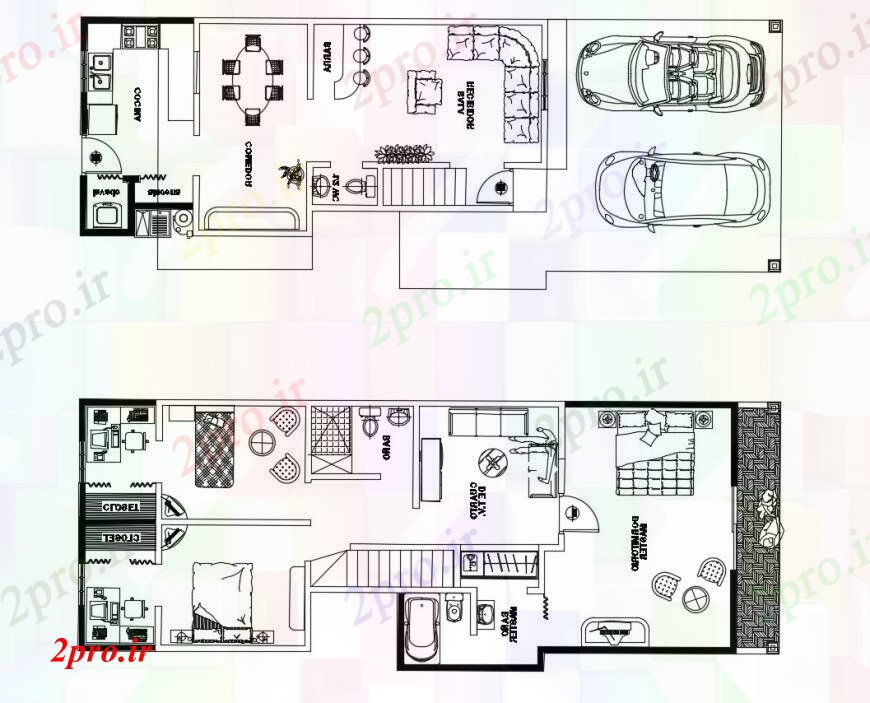 دانلود نقشه مسکونی  ، ویلایی ، آپارتمان  همکف و طبقه اول طرحی دو بعدی  طراحی جزئیات از خانه مسکونی (کد100390)