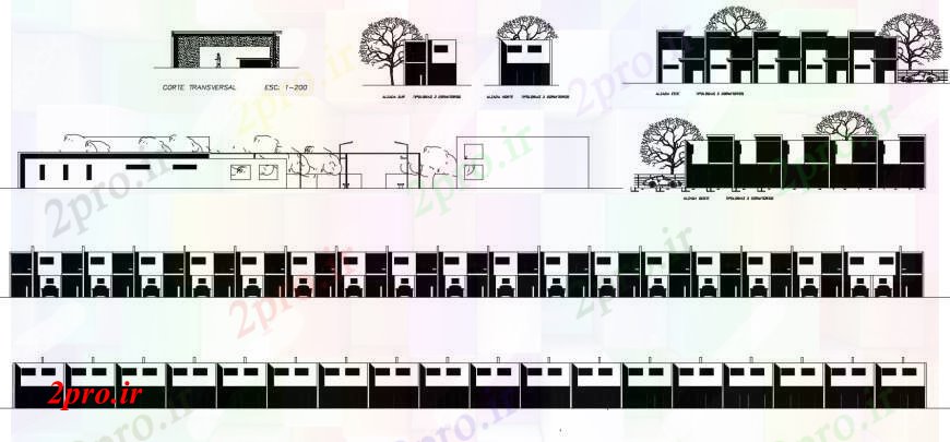 دانلود نقشه مسکونی  ، ویلایی ، آپارتمان  یک دان خانه های مسکونی تمام نما طرفه و دیوار ترکیب جزئیات (کد100395)