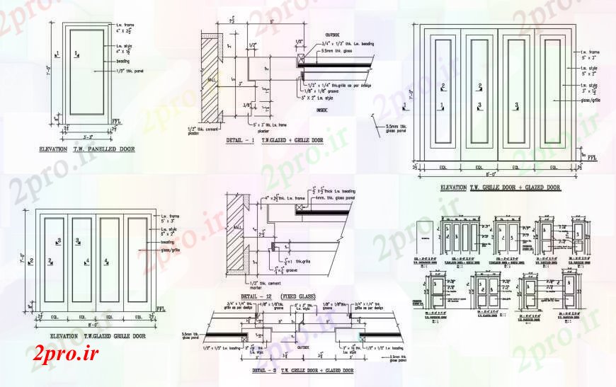 دانلود نقشه جزئیات طراحی در و پنجره  با قاب های مستطیل، دوگانه، درب و پنجره دو جداره نما و نصب و راه اندازی طراحی جزئیات  (کد100417)