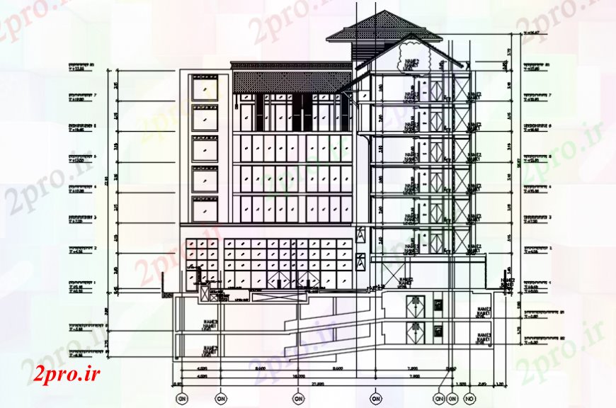 دانلود نقشه هتل - رستوران - اقامتگاه   از یک بخش هتل از سطح شیب دار و پله کابین (کد100440)