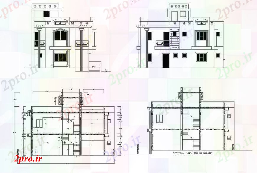 دانلود نقشه مسکونی  ، ویلایی ، آپارتمان  خانه دو طبقه اصلی و پشت نما و بخش  (کد100453)