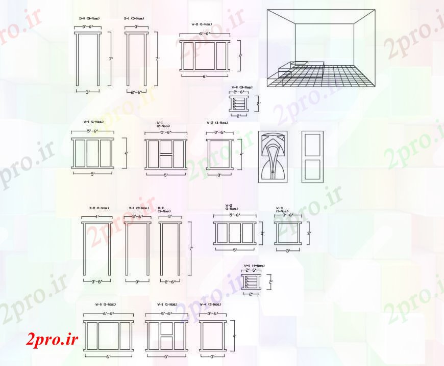 دانلود نقشه جزئیات طراحی در و پنجره  پنجره های خانه های متعدد نما   (کد100455)