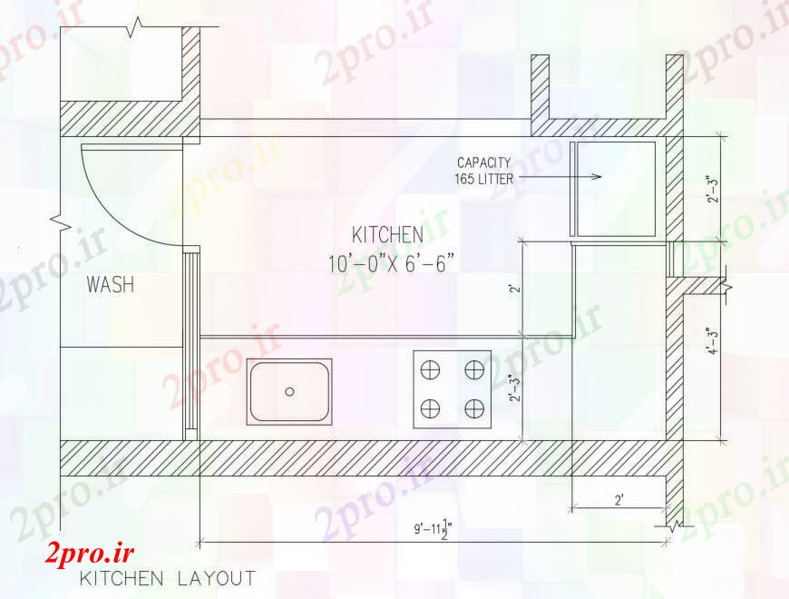 دانلود نقشه آشپزخانه طراحی آشپزخانه کوچک با ابعاد طراحی جزئیات  (کد100468)