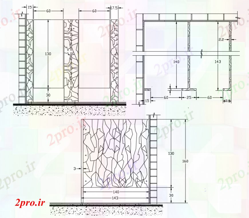 دانلود نقشه جزئیات ساخت و ساز طراحی  دو بعدی  از بخش های دیوار،   خودرو (کد100492)