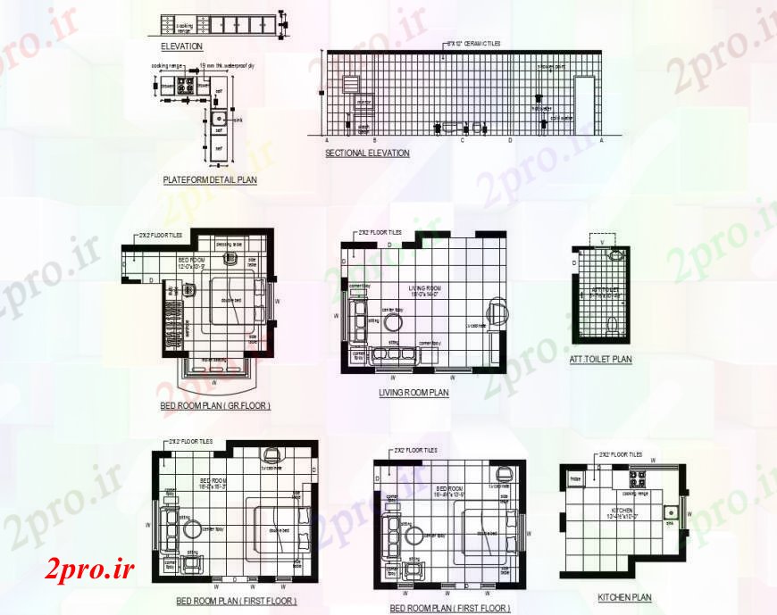 دانلود نقشه حمام مستر نما اتاق خواب، نما قطعه قطعه، طرحی و مبلمان جزئیات طراحی  (کد100514)