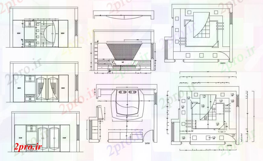 دانلود نقشه حمام مستر طرحی اتاق خواب، طرحی مبلمان، طرحی سقف و جزئیات داخلی  (کد100526)