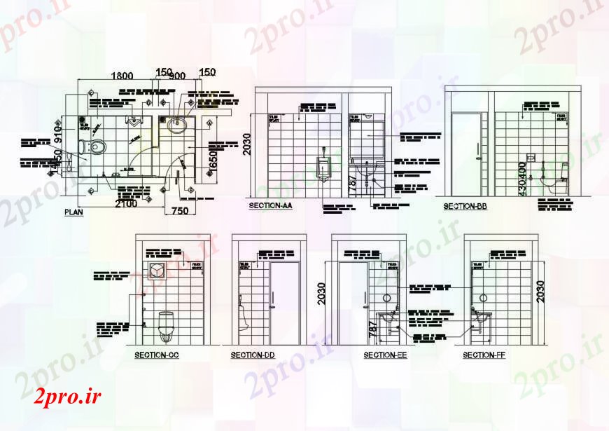 دانلود نقشه حمام مستر توالت تمام بخش طرفه، طراحی و نصب و راه اندازی طراحی جزئیات  (کد100540)