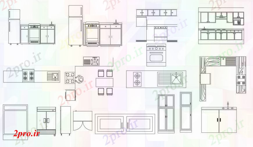 دانلود نقشه طراحی مبلمان آشپزخانه چند تمام مبلمان انواع آشپزخانه بلوک نما  (کد100627)