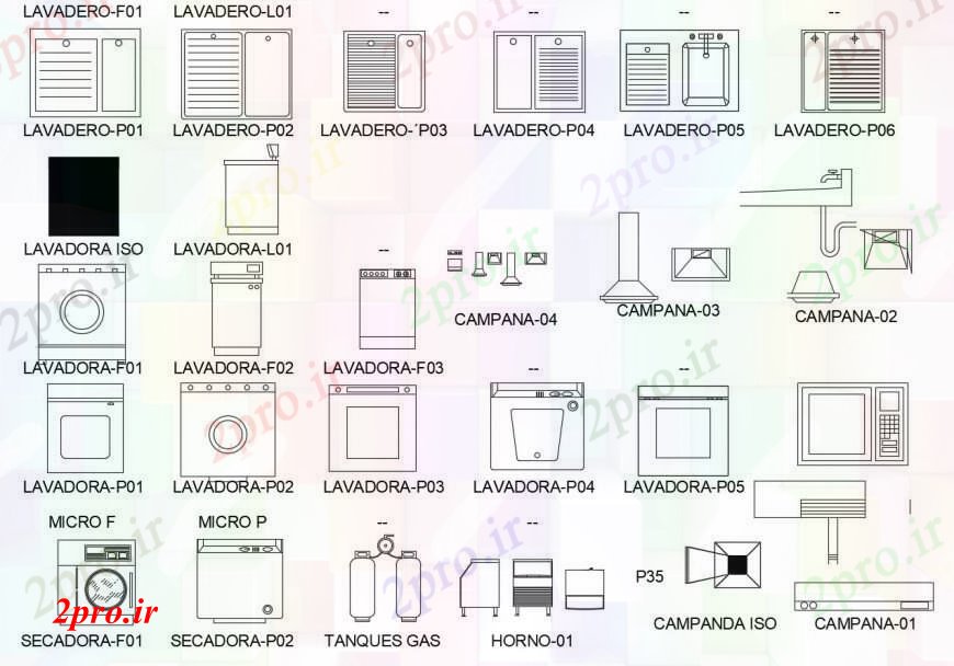 دانلود نقشه طراحی مبلمان آشپزخانه آشپزخانه بلوک تجهیزات چندگانه دو بعدی  طراحی جزئیات  (کد100631)
