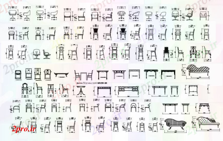 دانلود نقشه میز و صندلی صندلی های چوبی متعدد و بلوک های نما جدول  (کد100646)