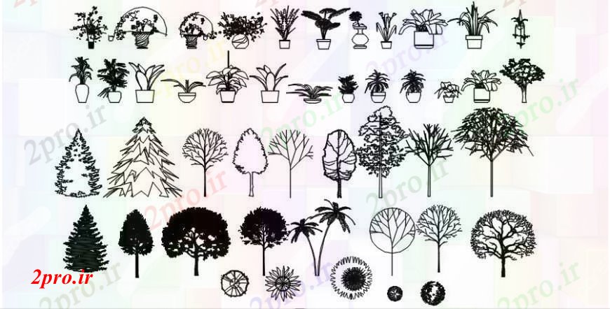دانلود نقشه درختان و گیاهان د طراحی  از گلدانهای گل ها و درختان   خودرو (کد100742)