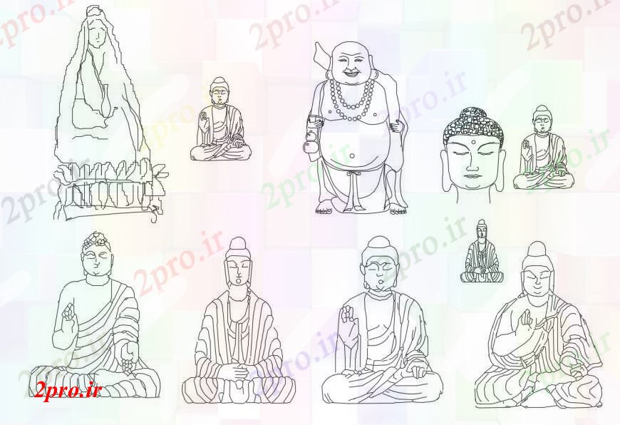 دانلود نقشه بلوک ، آرام ، نماد بودا متعدد و بلوک های دیگر مجسمه سازی  (کد100824)