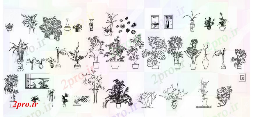 دانلود نقشه درختان و گیاهان چند نهال خلاق با بلوک گلدان  (کد100901)