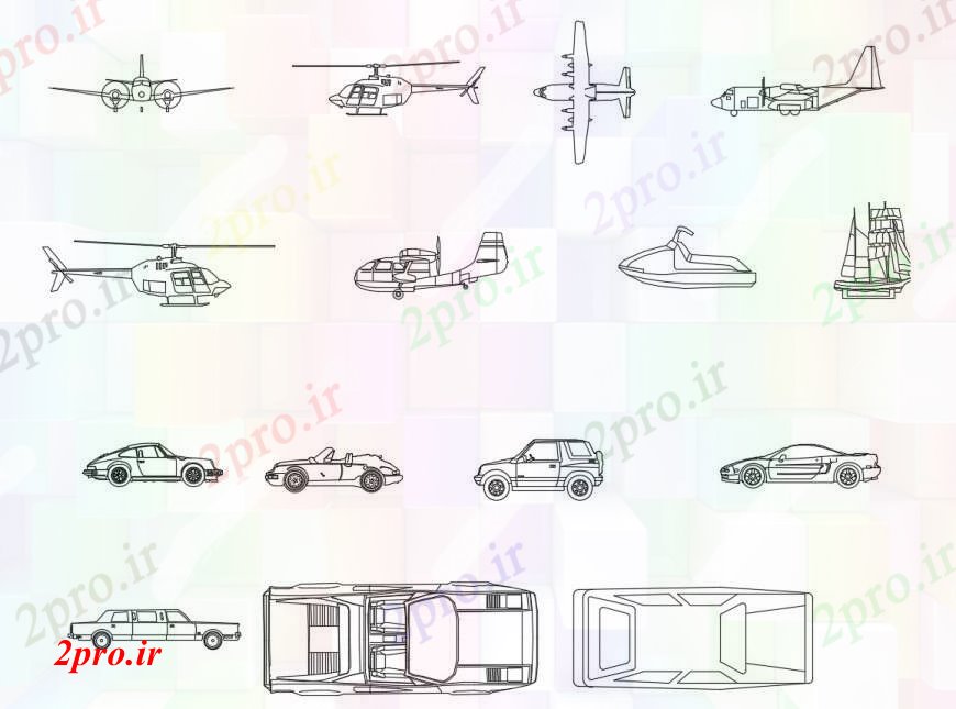 دانلود نقشه بلوک وسایل نقلیه جاده و خودرو هوا بلوک نما چند طراحی جزئیات  (کد100910)