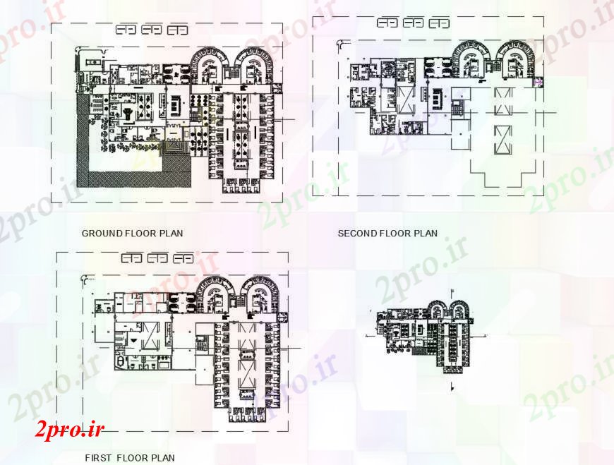 دانلود نقشه بیمارستان - درمانگاه - کلینیک زمین، اول و پلان طبقه دوم جزئیات بیمارستان عمومی 32 در 72 متر (کد100948)