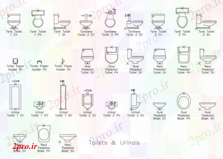 دانلود نقشه بلوک های بهداشتی توالت های متعدد و ادرار بلوک نما دو بعدی  جزئیات (کد100957)