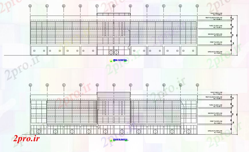 دانلود نقشه هایپر مارکت  - مرکز خرید - فروشگاه ساختمان نمای جلو و عقب  نمای طراحی در  اتوکد (کد100970)