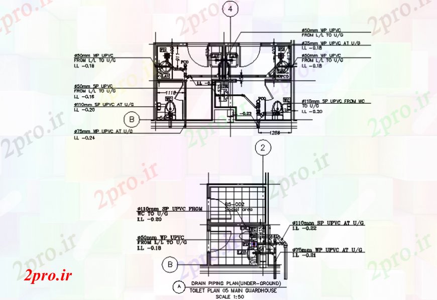 دانلود نقشه حمام مستر توالت خانه گارد طرح، نصب و لوله کشی جزئیات (کد101059)