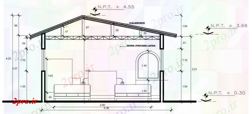 دانلود نقشه مسکونی  ، ویلایی ، آپارتمان  نقشه های  دو بعدی  از مقطعی از خانه اتاق نشیمن  (کد101127)