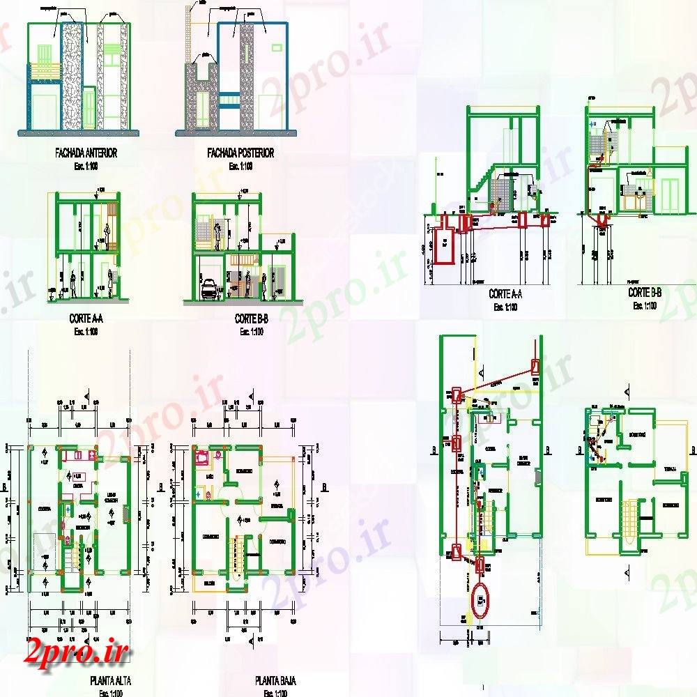 دانلود نقشه مسکونی ، ویلایی ، آپارتمان مسکن بخش پروژه B-B 8 در 11 متر (کد101318)