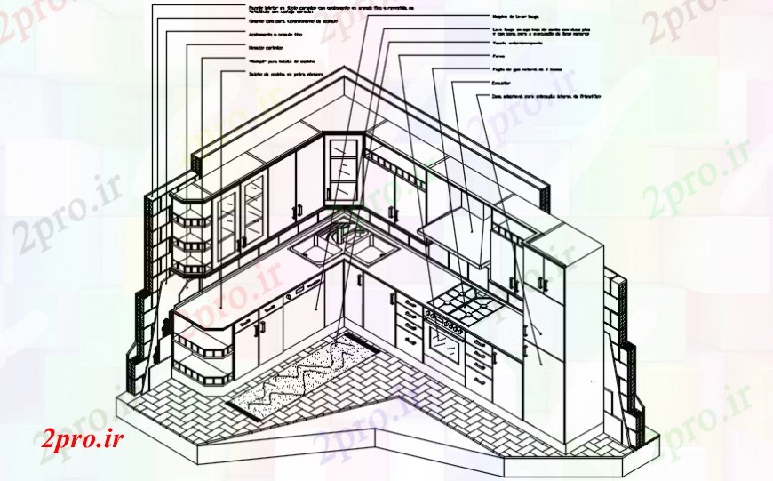 دانلود نقشه آشپزخانه آشپزخانه ایزومتریک مدل مقطعی  (کد101417)