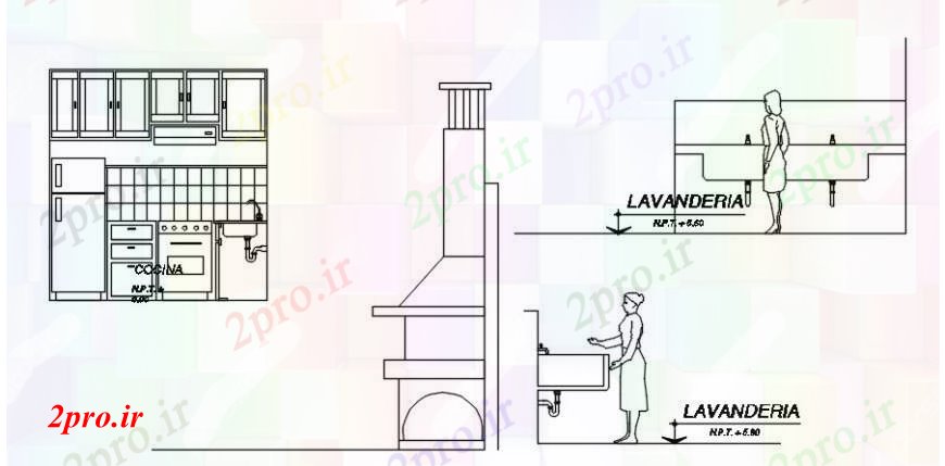 دانلود نقشه جزئیات طراحی ساخت آشپزخانه نما  دو بعدی  از آشپزخانه   اتوکد (کد101505)