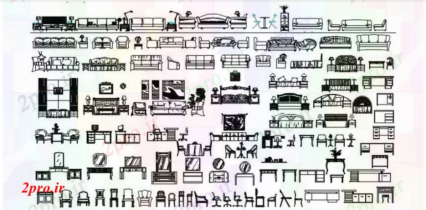 دانلود نقشه بلوک مبلمان جزئیات  طراحی های نمای جلو از صندلی، میز، خانه مبله (کد101516)