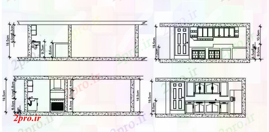 دانلود نقشه جزئیات طراحی ساخت آشپزخانه طراحی مقطعی جزئیات آشپزخانه 7 در 19 متر (کد101654)