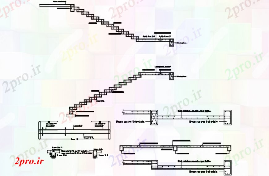 دانلود نقشه جزئیات پله و راه پله   بخش راه پله، ساختار سازنده و نوار پرتو  (کد101904)