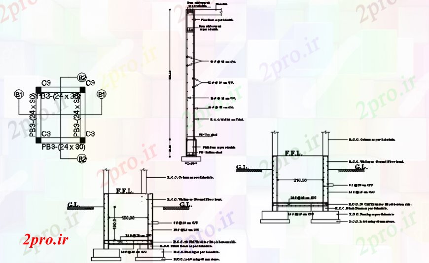 دانلود نقشه جزئیات ستون بخش ستون و جزئیات ساختار جای پای برای هتل 9 در 23 متر (کد101905)