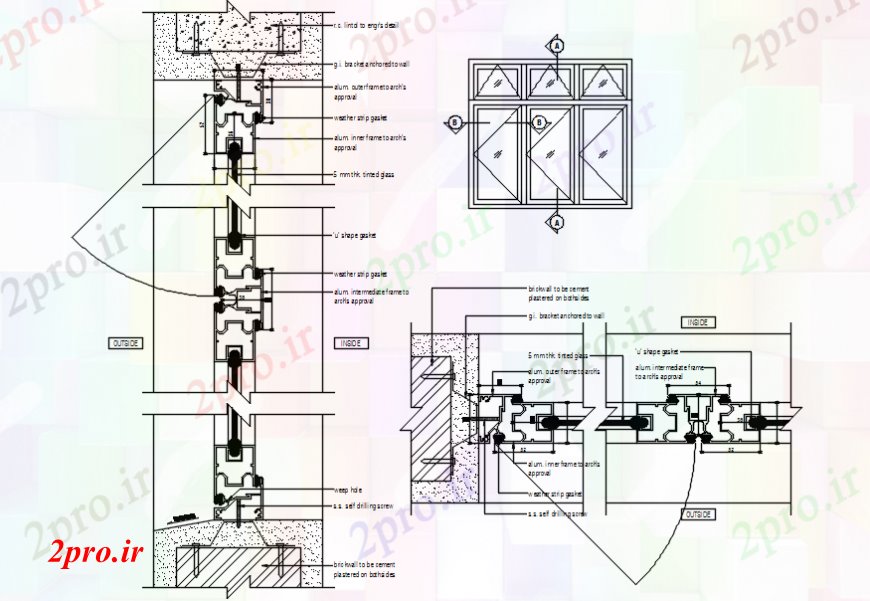 دانلود نقشه جزئیات طراحی در و پنجره  آلومینیوم نما قاب پنجره هنجد و نصب و راه اندازی طراحی جزئیات  (کد101939)