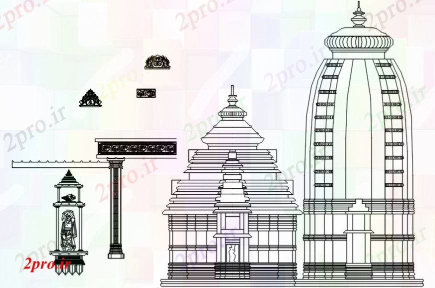 دانلود نقشه کلیسا - معبد - مکان مذهبی معبد هند odhisa نما سمت ر و ستون جزئیات (کد101969)