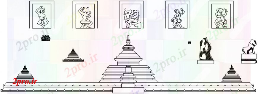 دانلود نقشه کلیسا - معبد - مکان مذهبی هندو نما معبد گنبد و تجهیزات تزئینی جزئیات (کد101970)