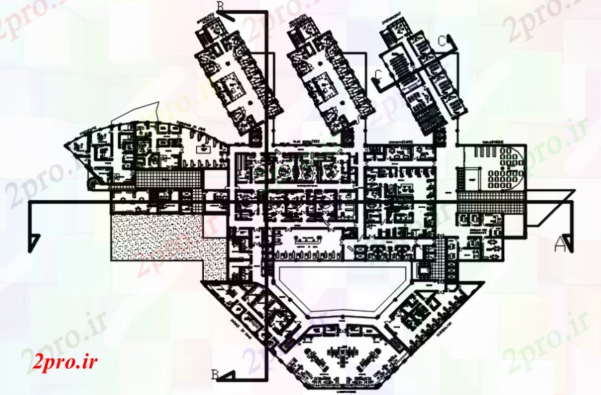 دانلود نقشه بیمارستان - درمانگاه - کلینیک اولین طراحی طبقه طراحی جزئیات از چند طبقه بیمارستان 123 در 153 متر (کد101992)