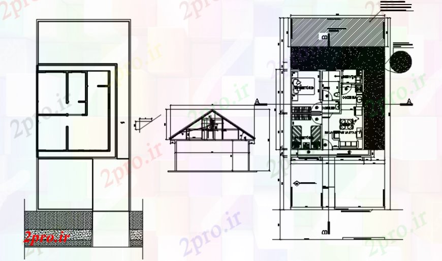 دانلود نقشه مسکونی ، ویلایی ، آپارتمان فاصله مفهوم و جزئیات نما مقطعی 6 در 6 متر (کد102200)