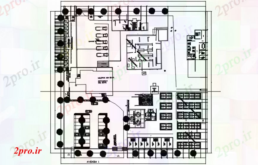 دانلود نقشه هایپر مارکت - مرکز خرید - فروشگاه عمده فروشی بازار توزیع طرحی های 100 در 105 متر (کد102293)