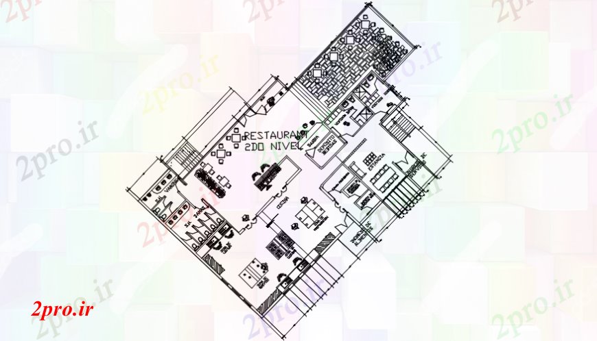 دانلود نقشه هتل - رستوران - اقامتگاه رستوران در طبقه دوم توزیع طرحی های 100 در 102 متر (کد102294)