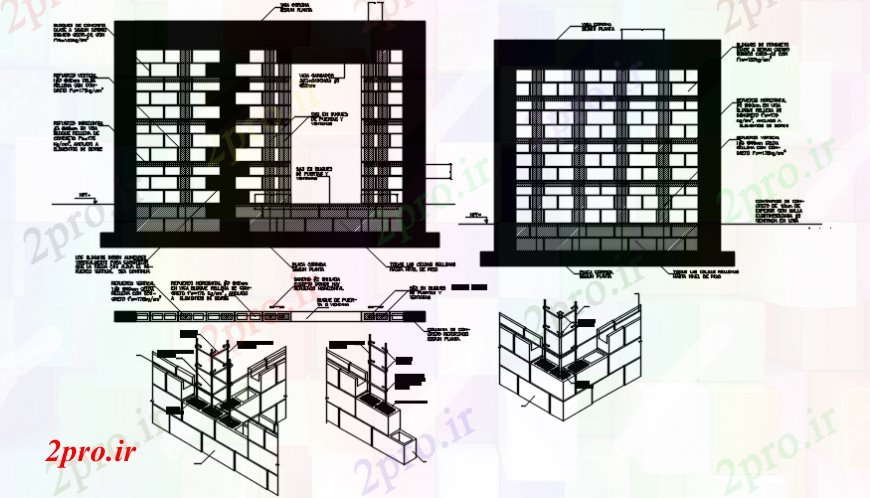 دانلود نقشه جزئیات ساخت و ساز دیوار دو بعدی  تقویت ستون جدایی ناپذیر طراحی (کد102351)