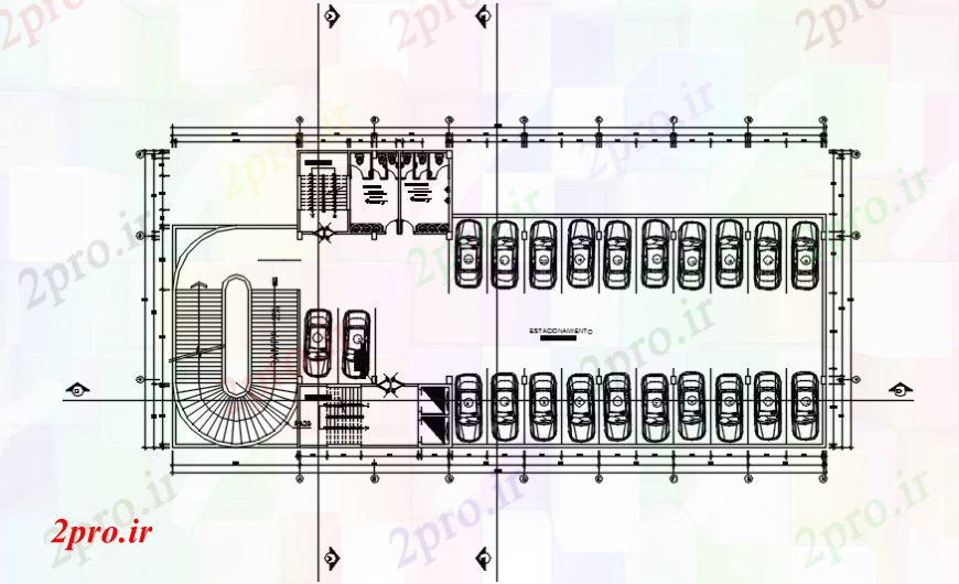 دانلود نقشه ساختمان اداری - تجاری - صنعتی طراحی پارکینگ زیرزمین 28 در 52 متر (کد102367)
