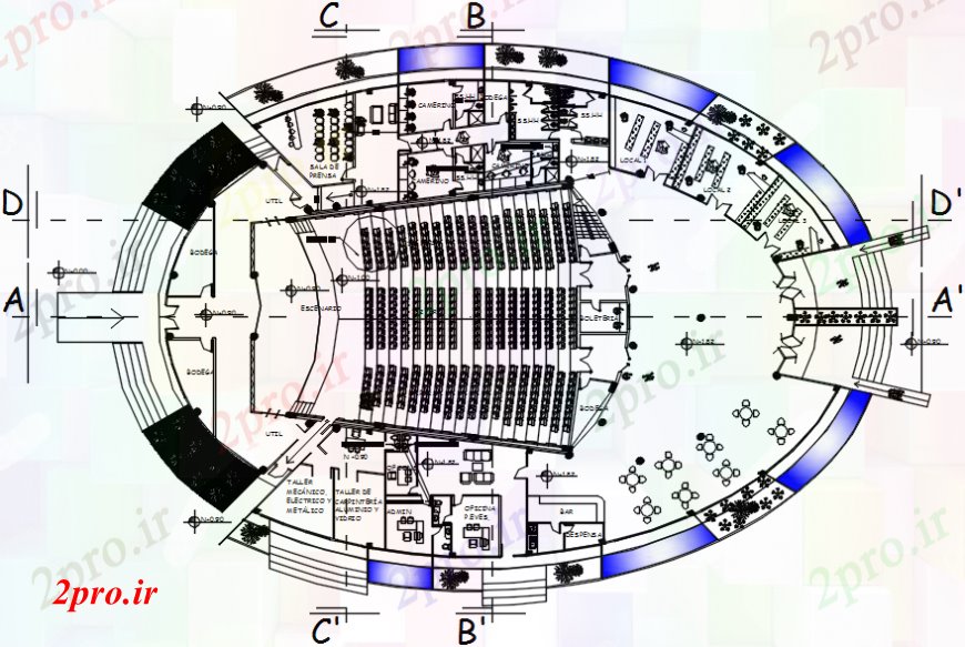 دانلود نقشه تئاتر چند منظوره - سینما - سالن کنفرانس - سالن همایشAmphi توزیع تئاتر متعدد طرحی های 40 در 57 متر (کد102371)