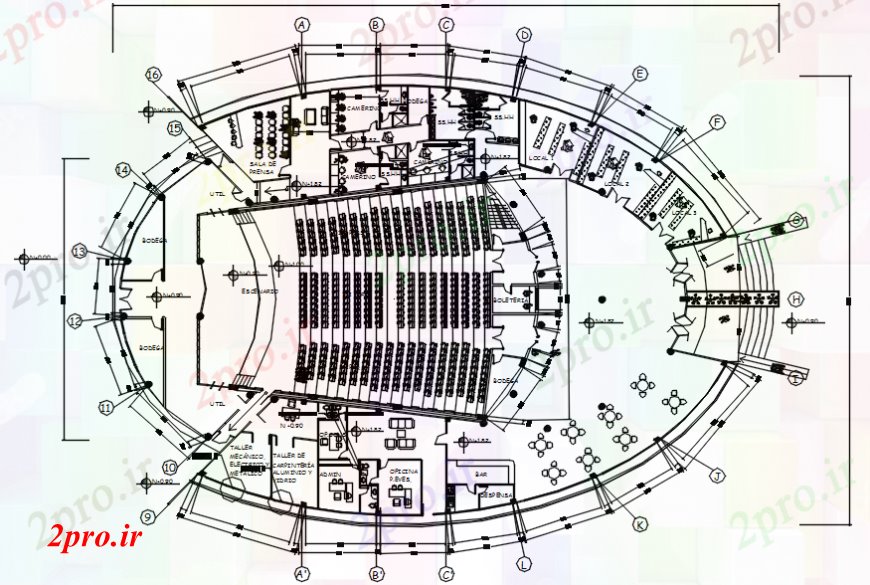 دانلود نقشه تئاتر چند منظوره - سینما - سالن کنفرانس - سالن همایشطراحی توزیع با مبلمان تئاتر مولتی پلکس طبقه 40 در 57 متر (کد102373)