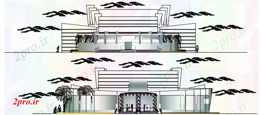 دانلود نقشه تئاتر چند منظوره - سینما - سالن کنفرانس - سالن همایشجلو و عقب نما طراحی جزئیات از Amphi تئاتر 38 در 61 متر (کد102380)
