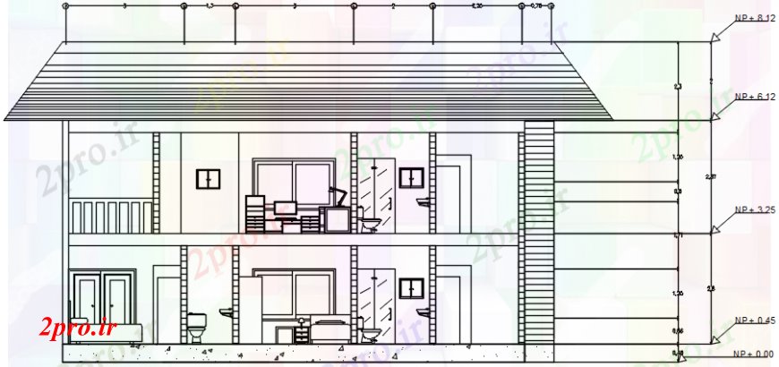 دانلود نقشه مسکونی  ، ویلایی ، آپارتمان  خانه کلبه دو طبقه جلو بخش (کد102413)