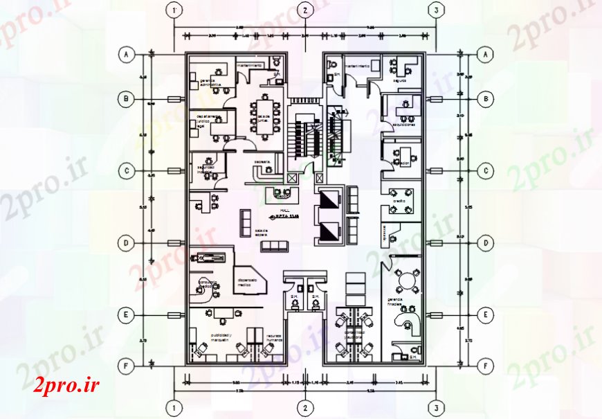 دانلود نقشه ساختمان اداری - تجاری - صنعتی طرحی توزیع طبقه اول دفتر شرکت با مبلمان طراحی جزئیات 18 در 23 متر (کد102564)