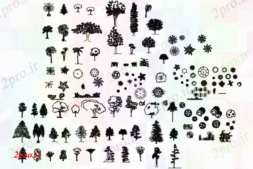 دانلود نقشه درختان و گیاهان درختان مقابل  مدل مقطعی (کد102695)